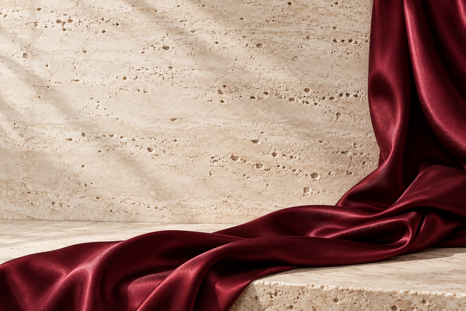 Burgundy satin ribbon draped across pale travertine